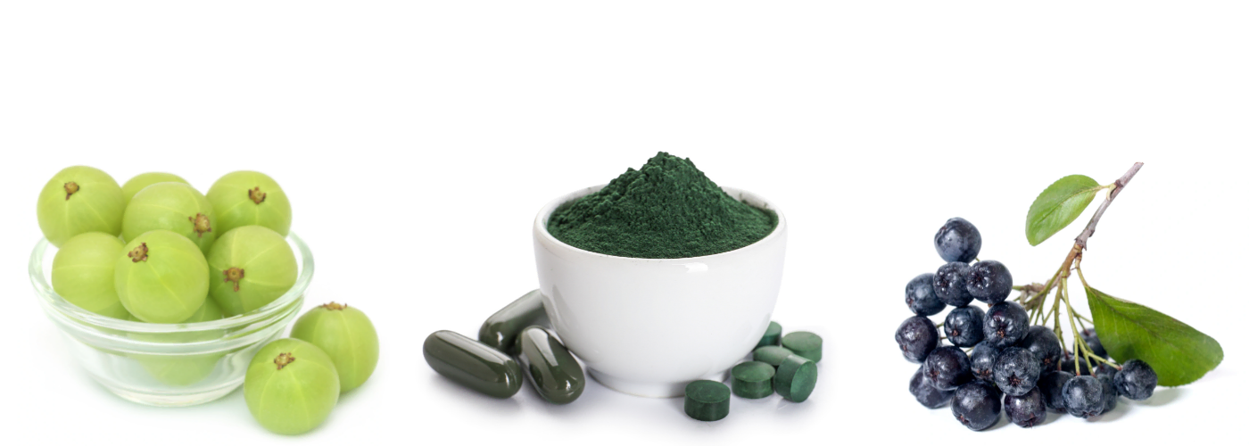 Amla, spirulina og aronia symboliserer naturlig helse og noen av naturens best dokumenterte helseeffekter